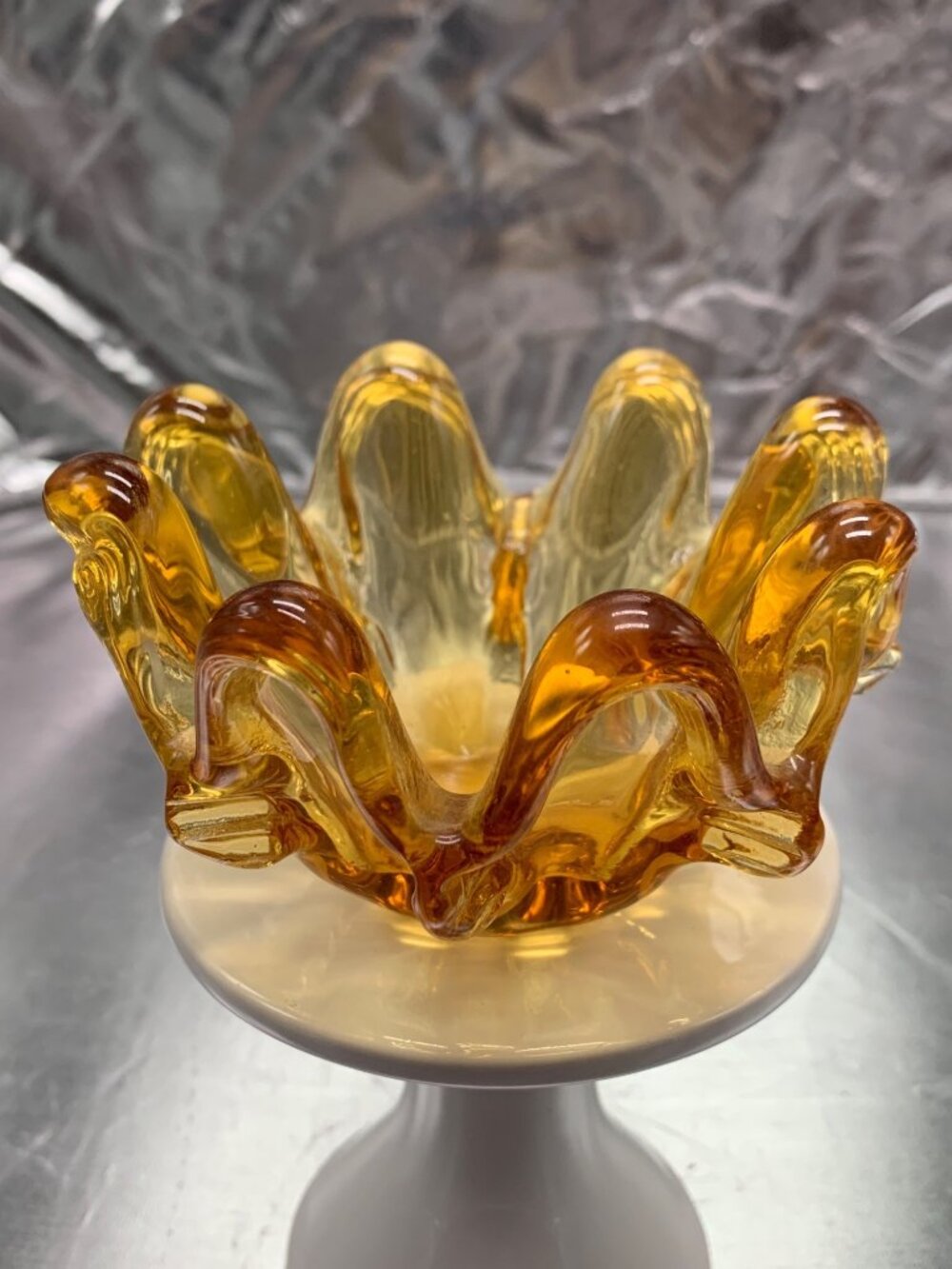 Amber Glass Ruffled Edge Bowl Handcrafted Decorative Art Glass Vintage